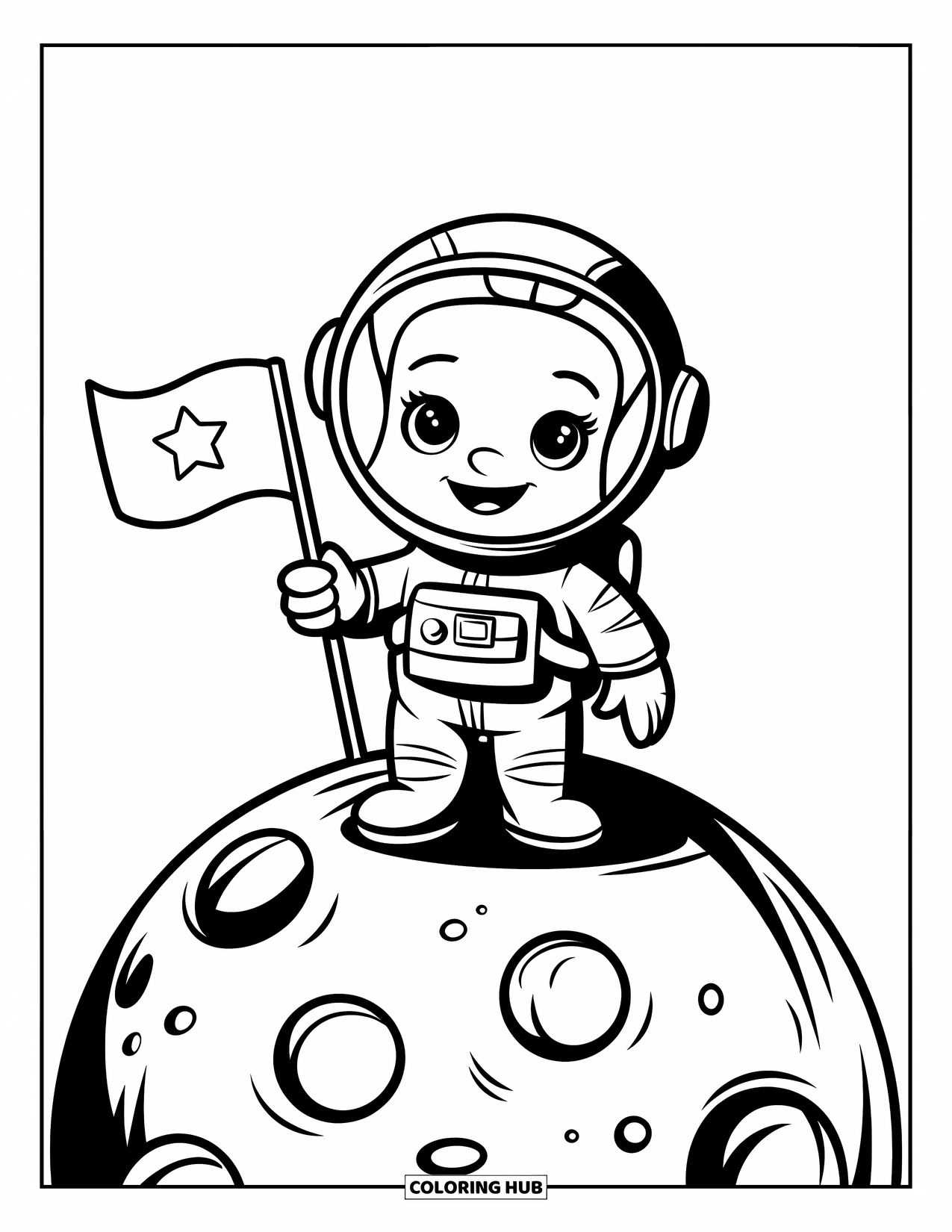Astronaut Coloring Page for Kids: A cute astronaut with a star flag explores the cratered surface of the moon