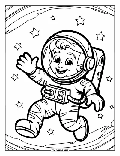 Tegning af en astronaut til børn: En venlig astronaut driver gennem rummet og vinker med en stjernefyldt himmel bagved