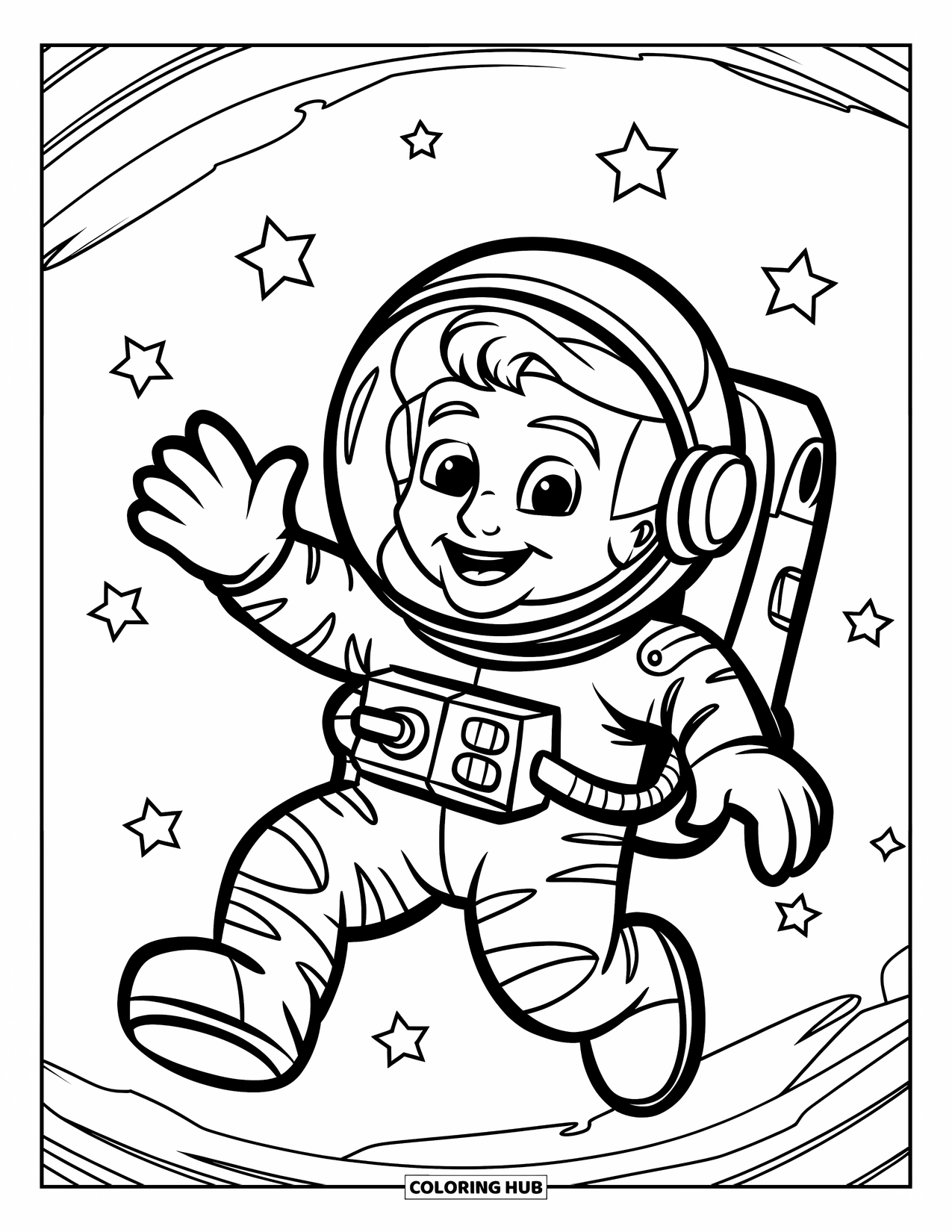 Astronaut Coloring Page for Kids: A friendly astronaut drifts through space, waving with a bright starry sky behind