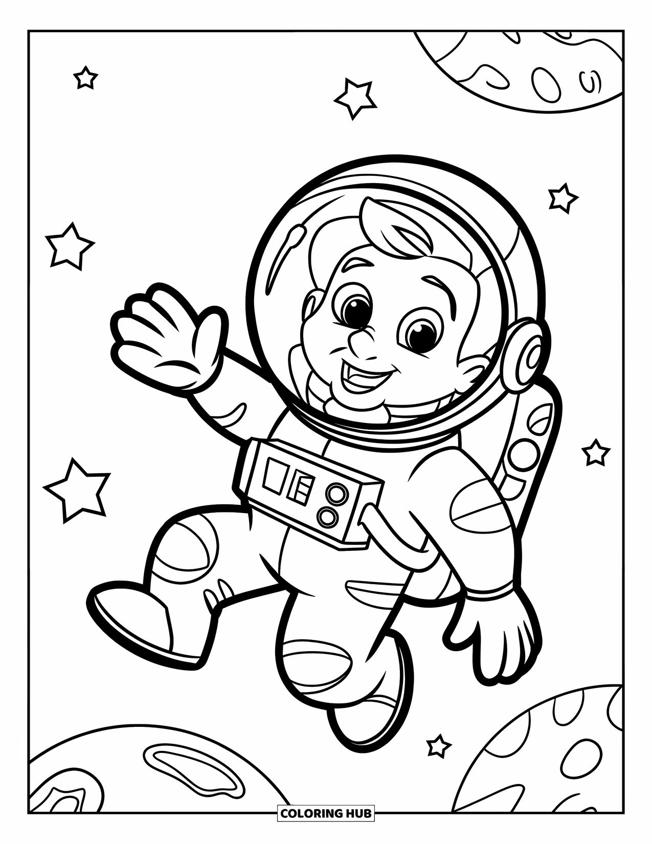 Astronaut Coloring Page for Kids: A friendly astronaut waves while floating in space, surrounded by twinkling stars