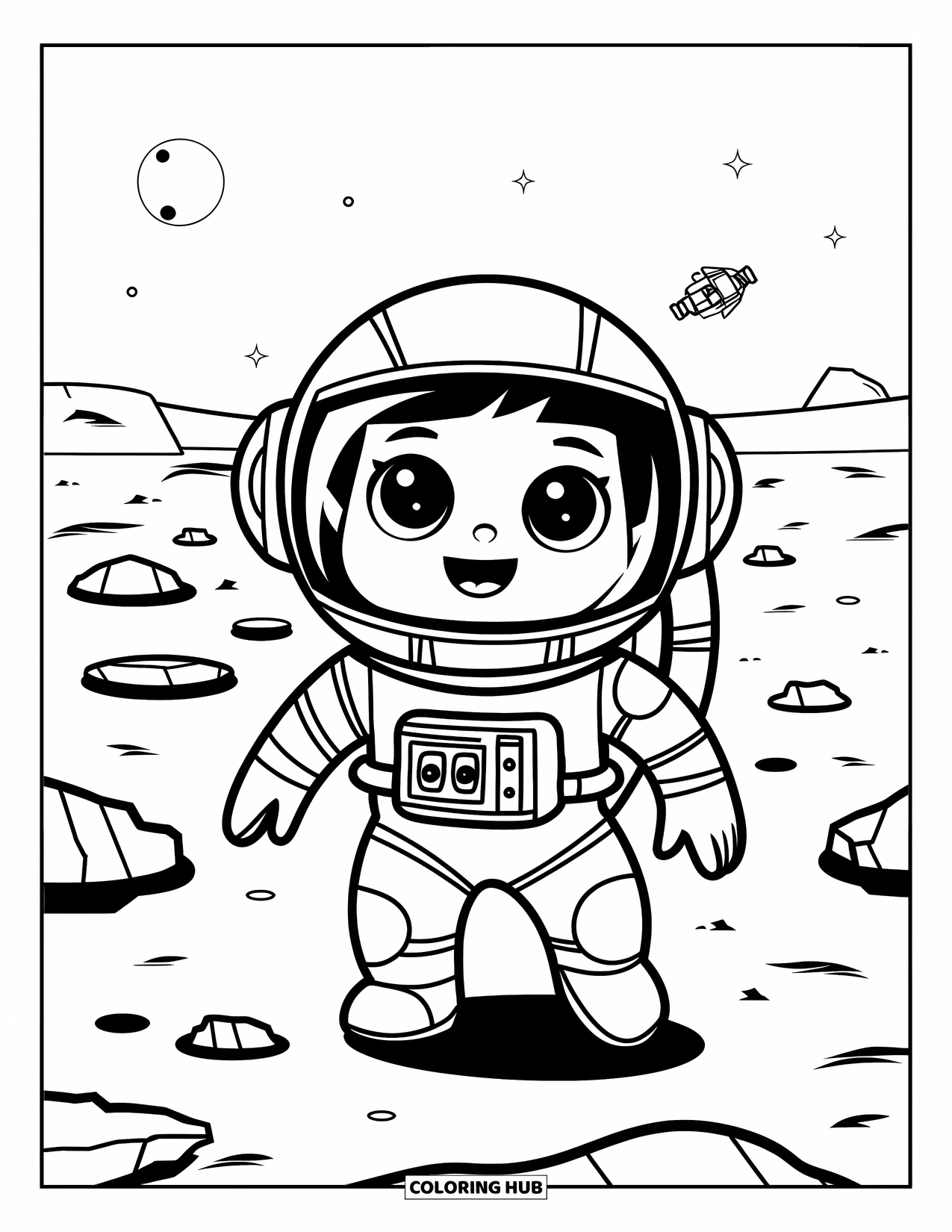 Astronaut Coloring Page for Kids: A kawaii astronaut explores Mars, surrounded by craters, rocks, and a distant spaceship