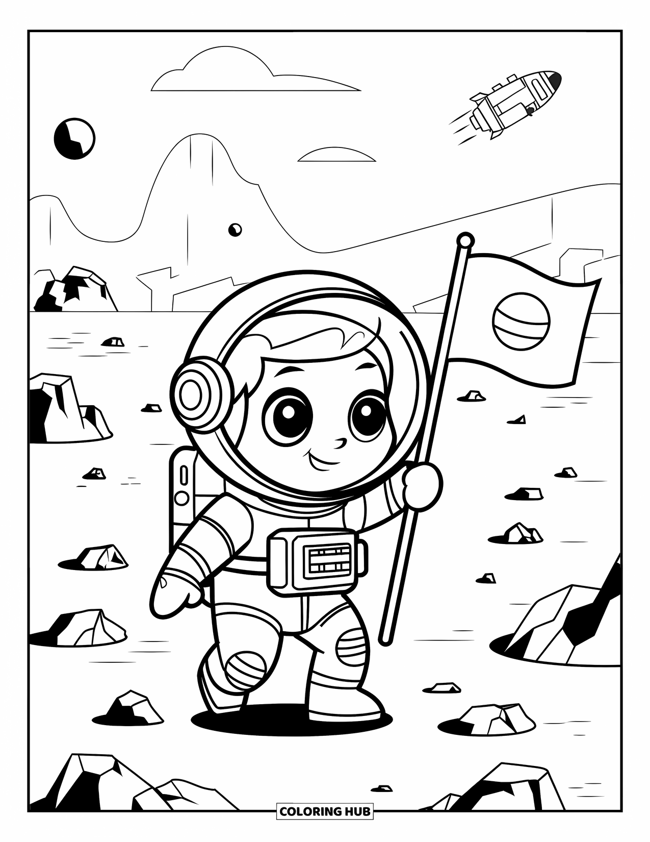 Astronaut Coloring Page for Kids: A kawaii astronaut holds a flag while exploring Mars, with craters and a spaceship nearby