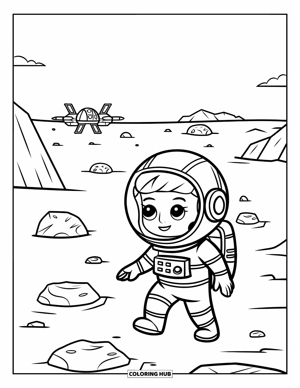 Astronaut Coloring Page for Kids: A kawaii astronaut in a helmet explores Mars with craters and a spaceship in the background