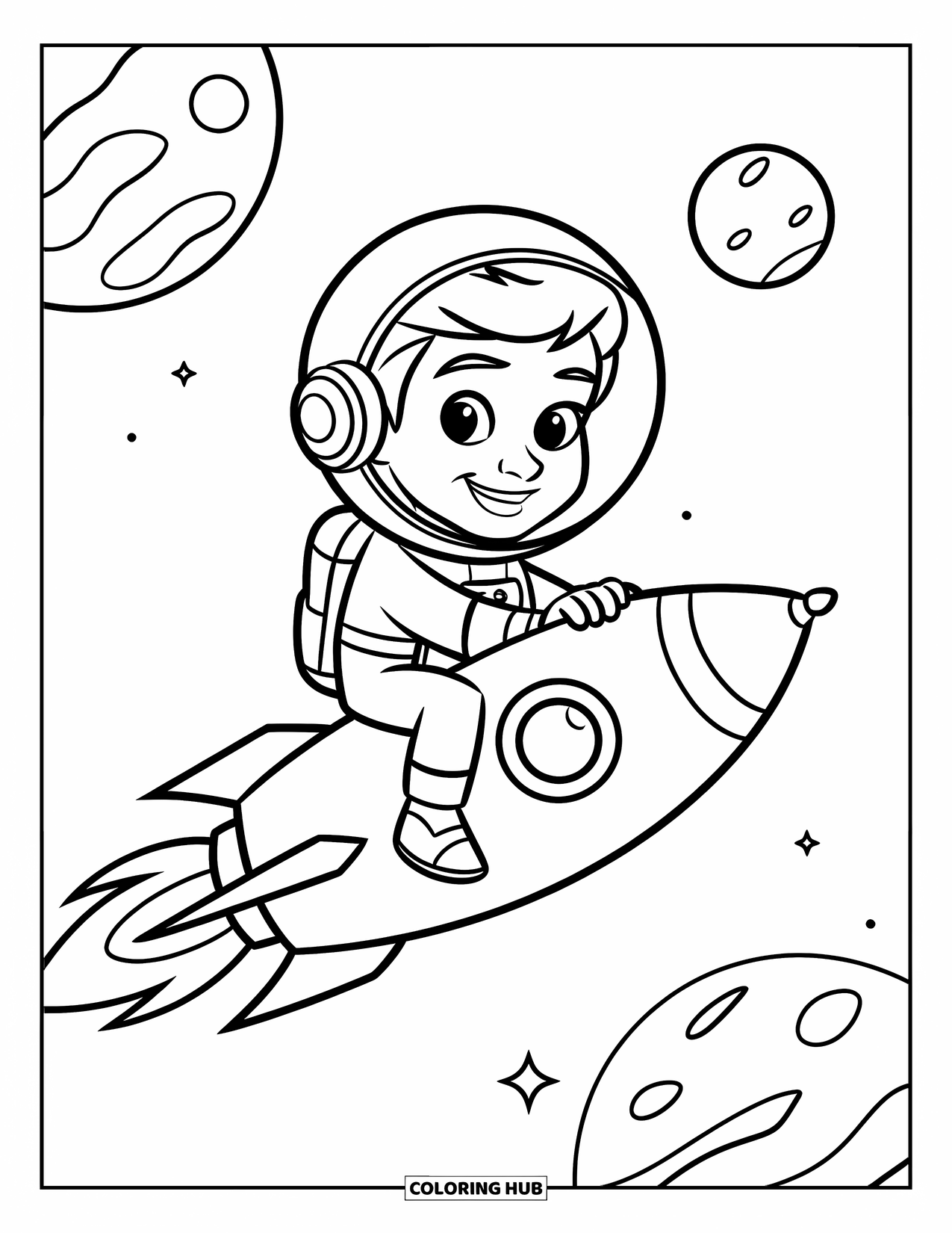 Astronaut Coloring Page for Kids: A smiling astronaut glides through space on a small rocket with planets behind them
