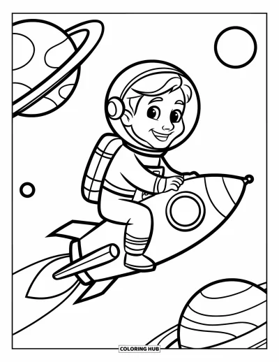Tegning af en astronaut til børn: En smilende astronaut rider på en lille raket og suser forbi planeter i rummet