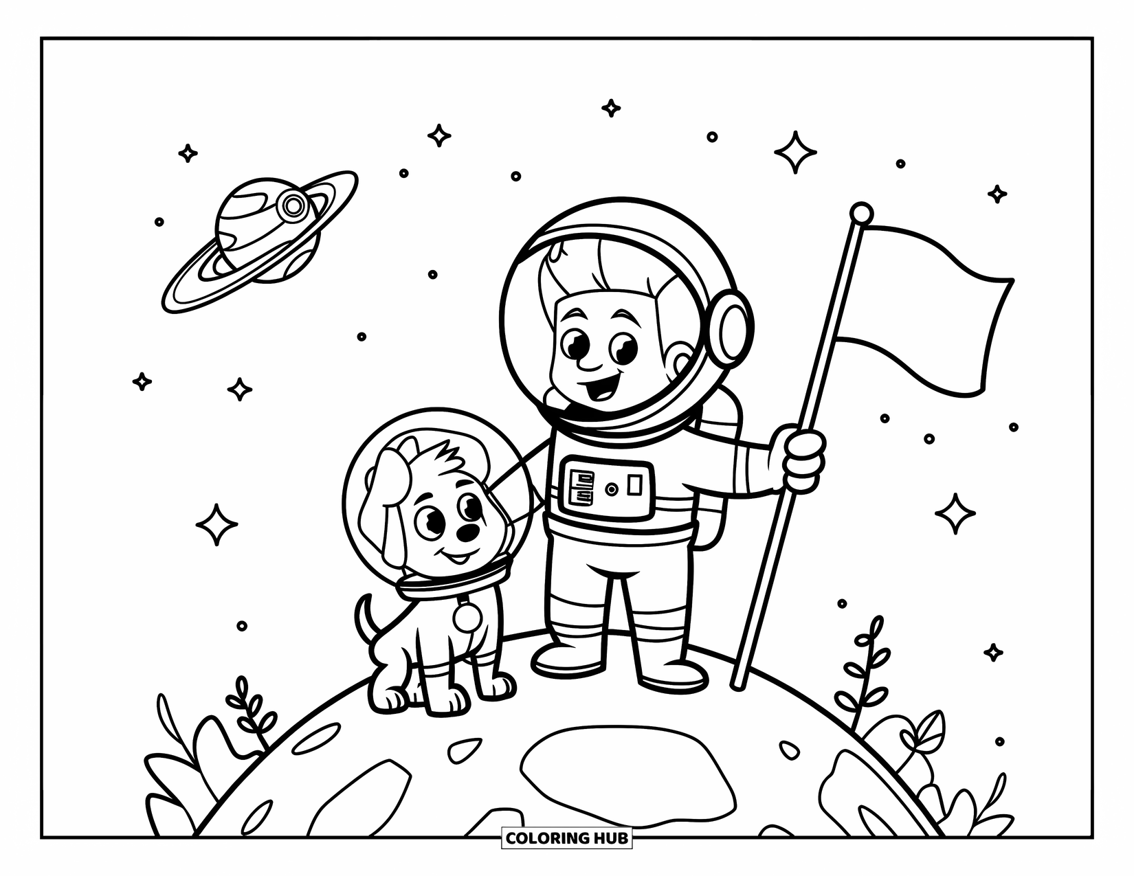 Astronaut Coloring Page for Kids: An astronaut and their dog, both in spacesuits, explore a rocky planet with small plants