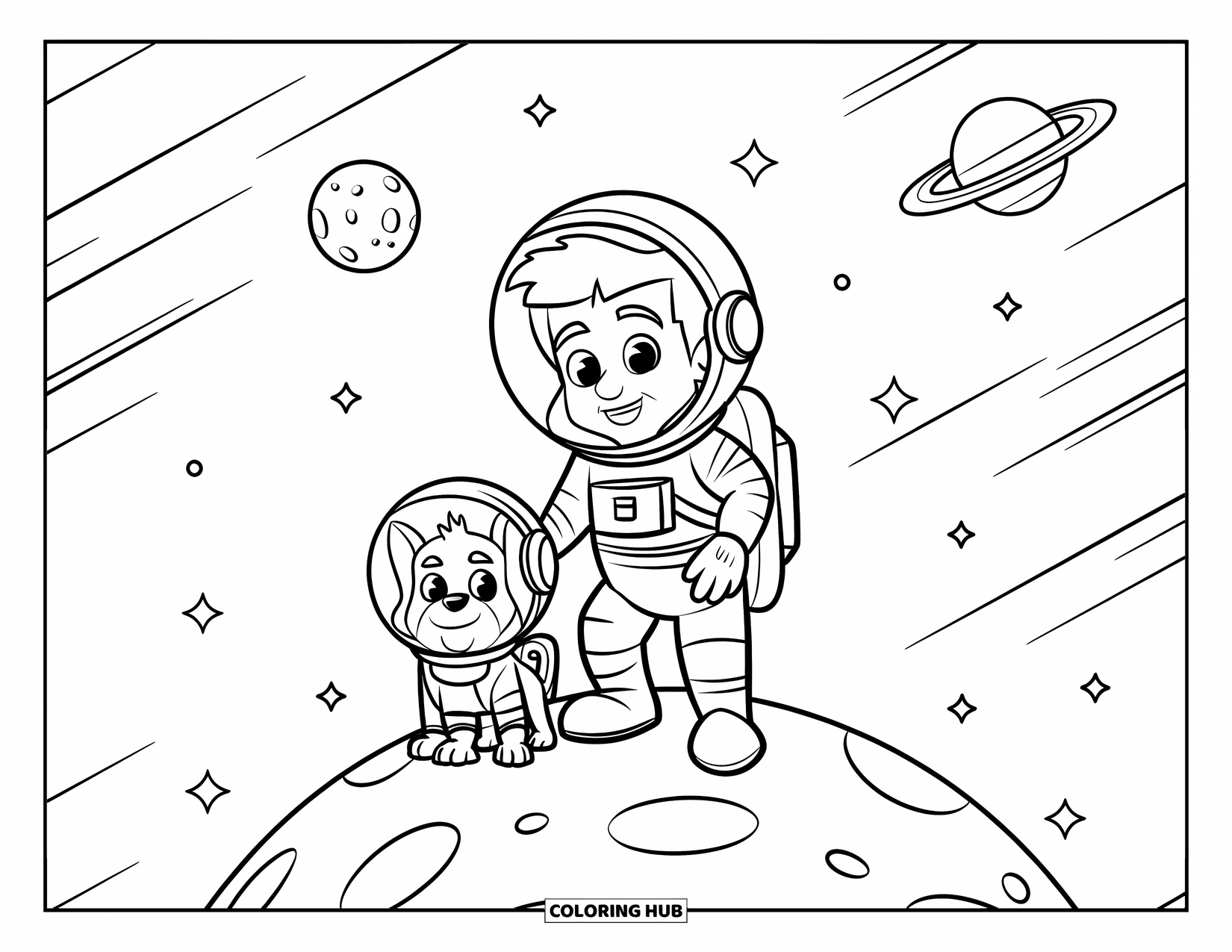 Astronaut Coloring Page for Kids: An astronaut and their pet dog in mini spacesuits stand on a planet with stars overhead
