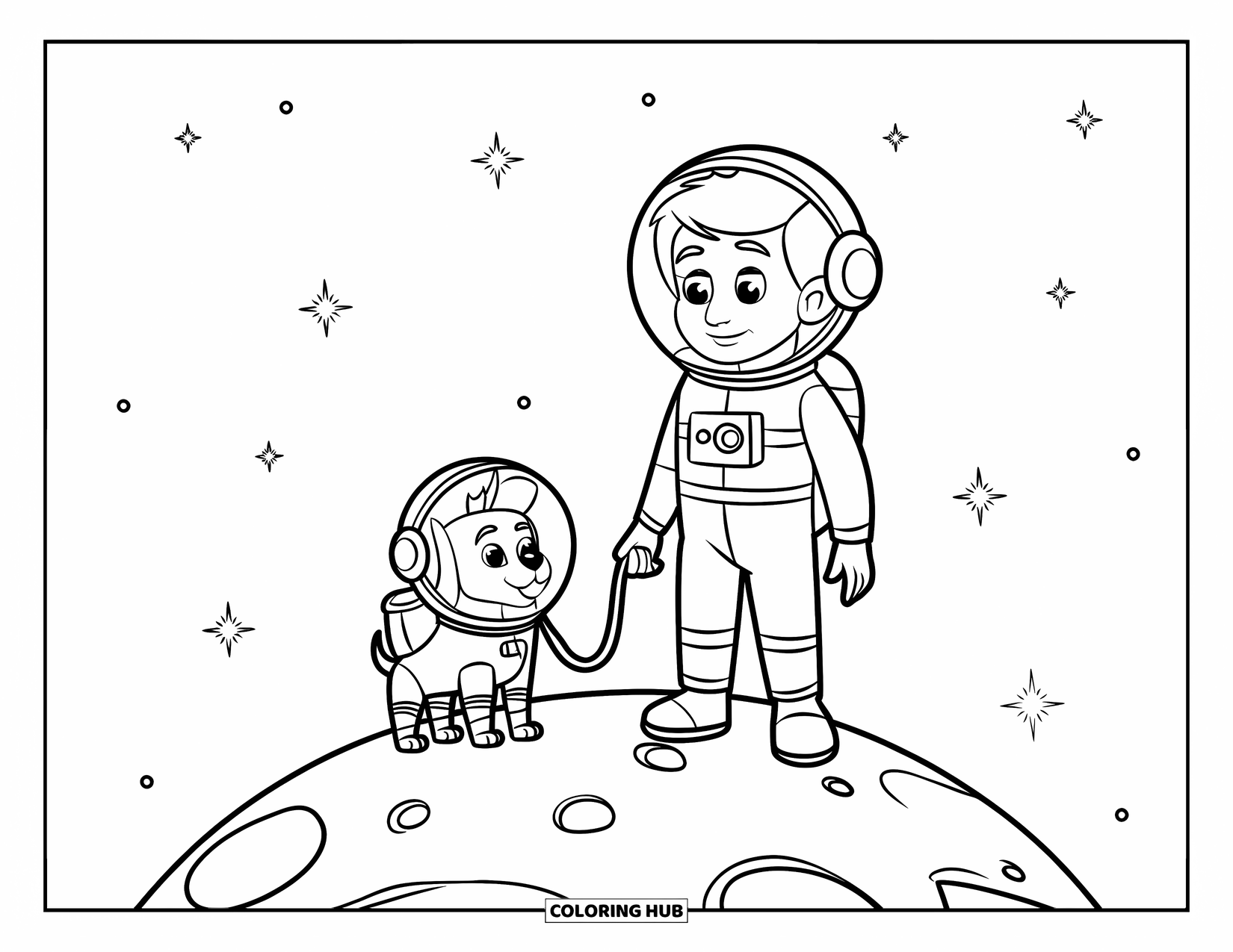 Astronaut Coloring Page for Kids: An astronaut and their tiny space dog stand on a cratered planet under the night sky