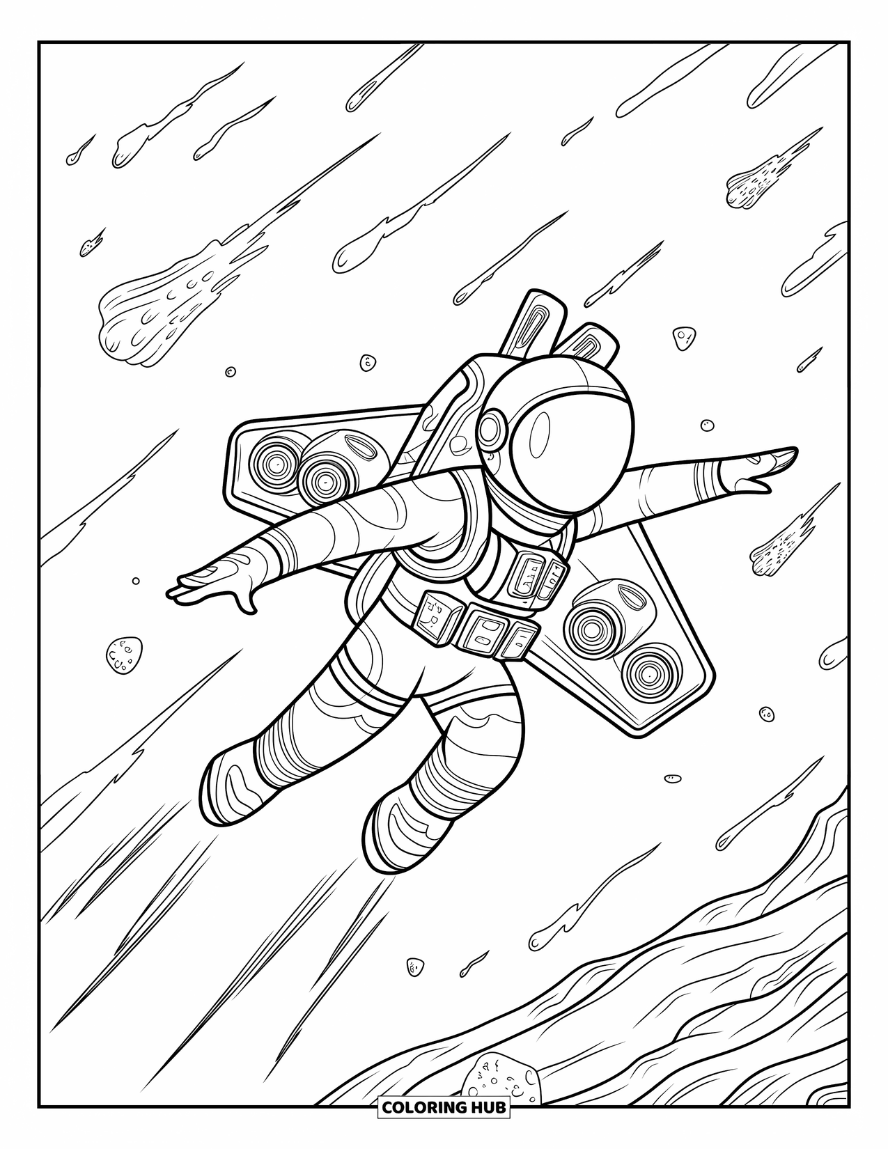 Astronaut Coloring Page for Kids: An astronaut flies through a meteor field, dodging asteroids with a high-powered jetpack
