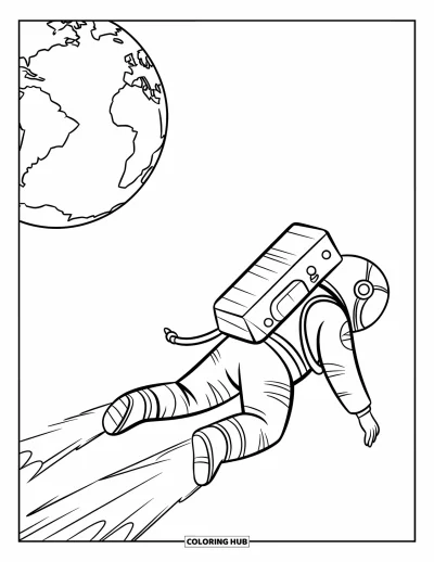 Tegning af en astronaut til børn: En astronaut glider gennem rummet med jetpack, og Jorden ses i baggrunden