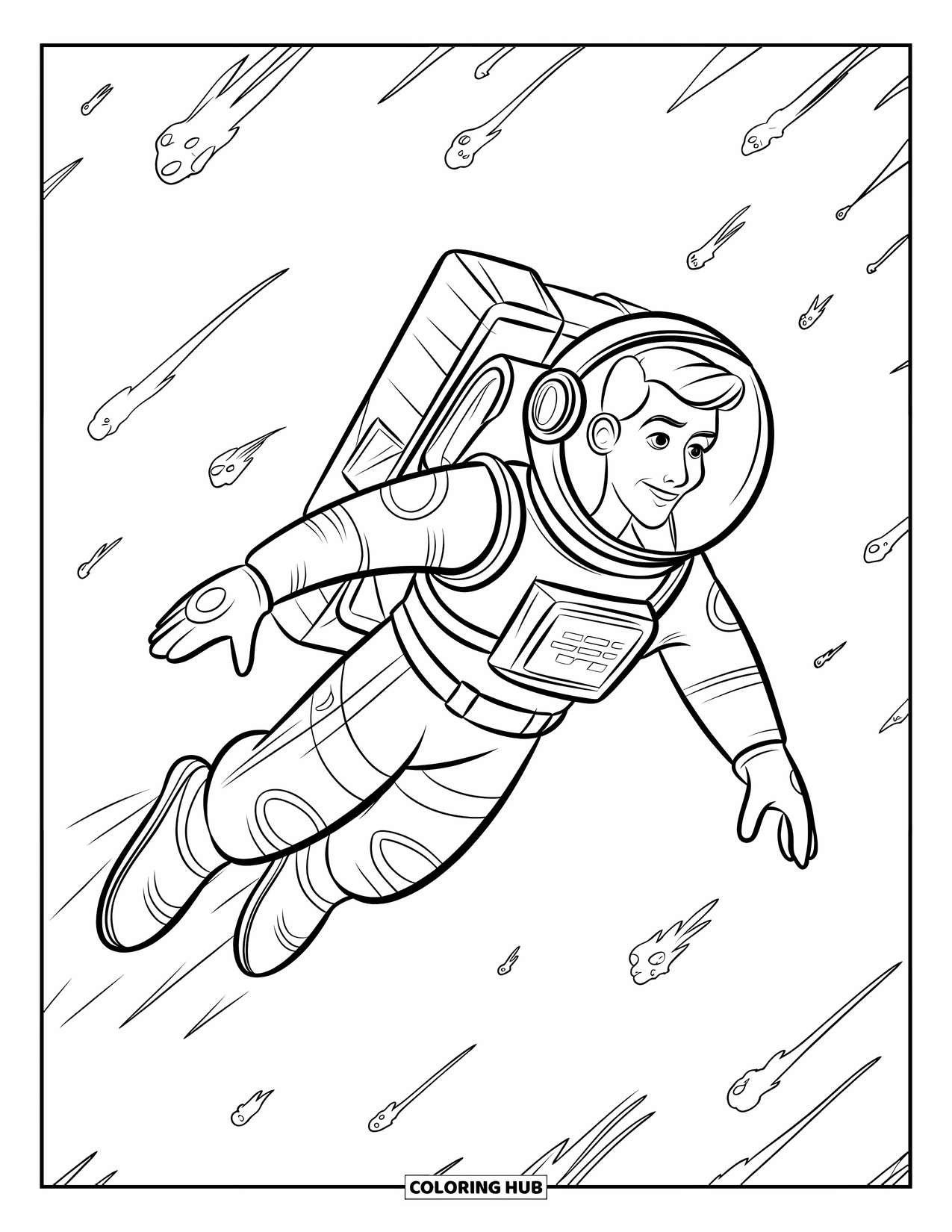 Astronaut Coloring Page for Kids: An astronaut in a jetpack soars through space, weaving between asteroids and meteors