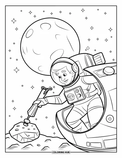 Tegning af en astronaut til børn: En astronaut inde i et lille rumskib indsamler asteroideprøver med en robotarm