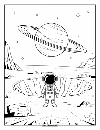 Tegning af en astronaut til børn: En astronaut på en fremmed verden stirrer op på en tårnhøj ringet planet over et kraterfyldt landskab