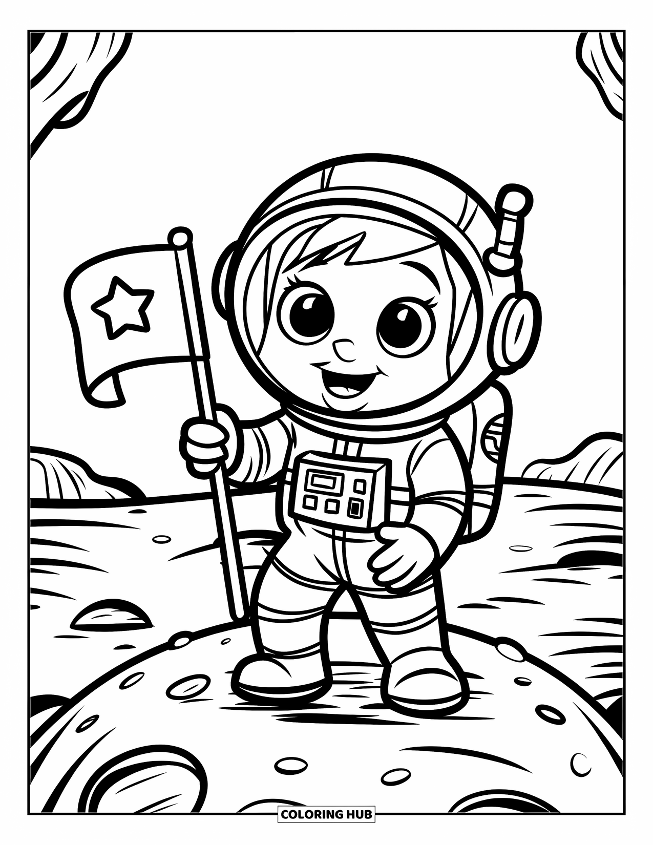 Astronaut Coloring Page for Kids: An astronaut on the moon holds a star flag, surrounded by craters and rocks