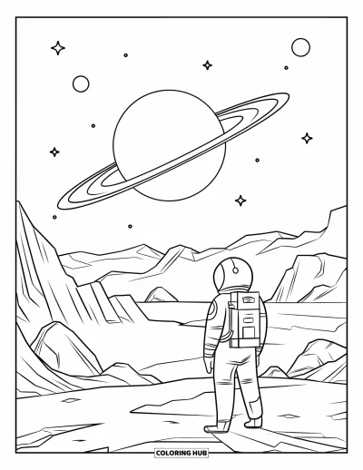 Tegning af en astronaut til børn: En astronaut står på en ujævn planet og kigger på en kæmpe ringet planet på en stjernefyldt himmel