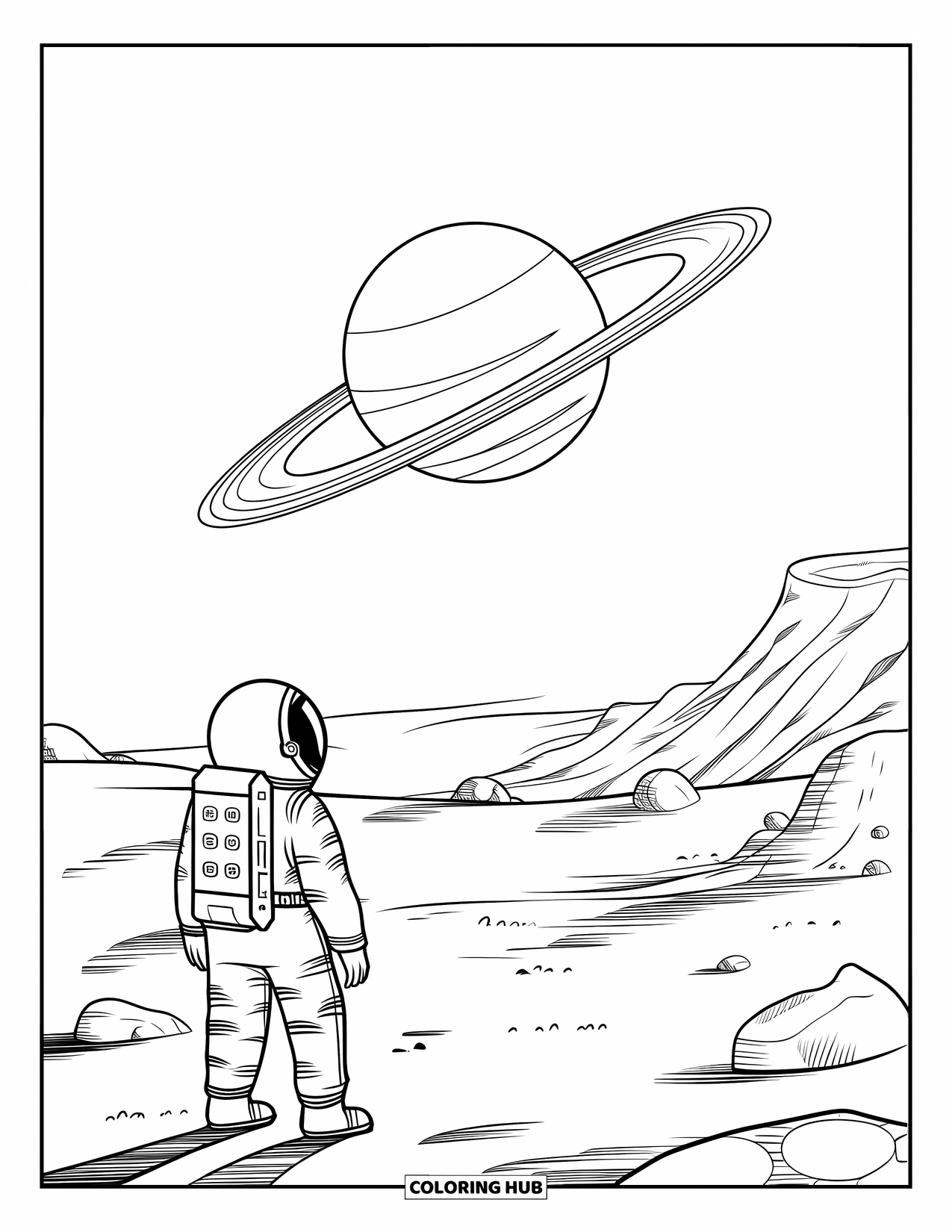Astronaut Coloring Page for Kids: An astronaut stands on a rocky alien planet, staring at a massive ringed planet in the sky
