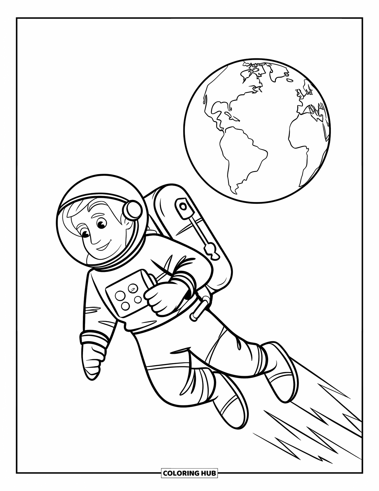 Astronaut Coloring Page for Kids: An astronaut, wearing a helmet, soars through space with a jetpack