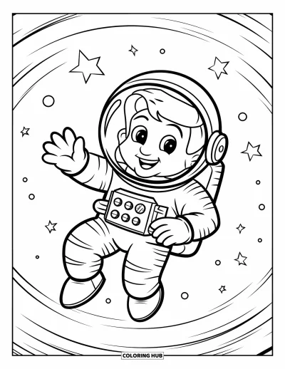 Tegning af en astronaut til børn: En astronaut med en stor rund hjelm vinker, mens han driver gennem en stjernefyldt himmel