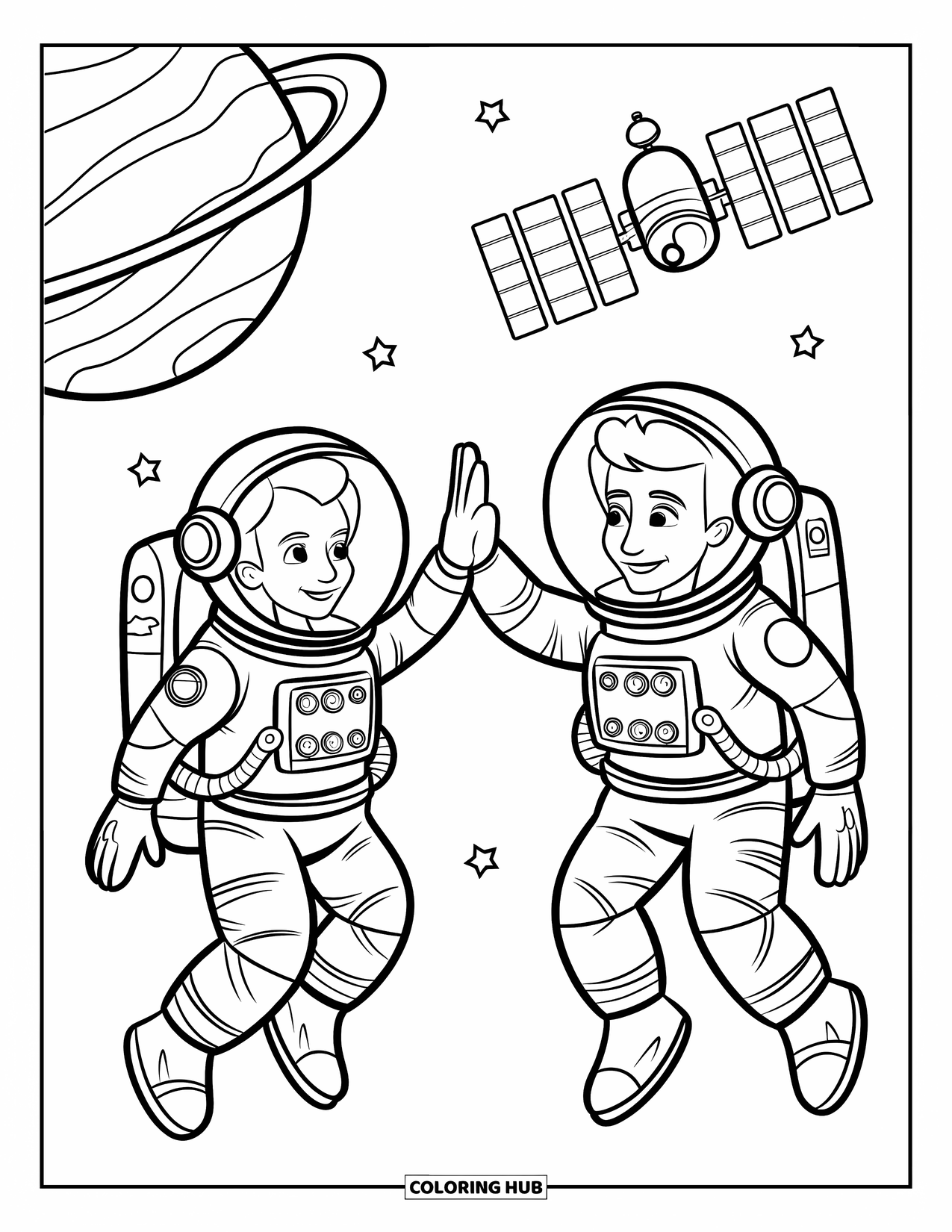 Astronaut Coloring Page for Kids: Two astronauts celebrate with a high-five as they drift through space