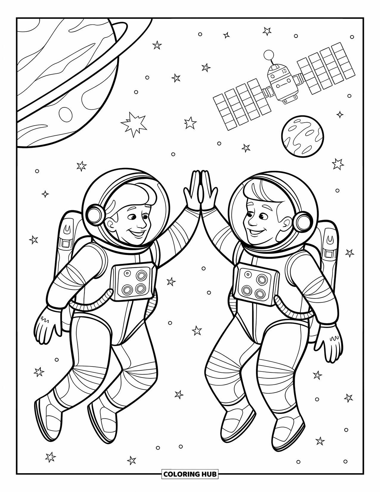 Astronaut Coloring Page for Kids: Two astronauts high-five while floating in space near a planet and a satellite