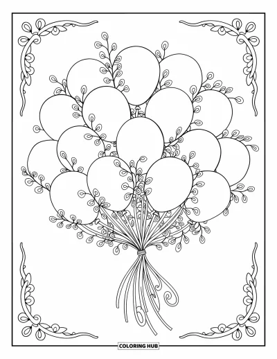 Balloon Coloring Page for Adults: A bouquet of balloons intertwined with swirling vines and decorative floral borders