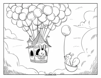 Balloon Coloring Page for Adults: A bunny peeks from a floating castle, waving at a squirrel gliding by on a balloon