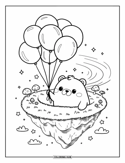 Balloon Coloring Page for Adults: A chubby bear peeks over a floating island, gripping balloons as mushrooms sway below