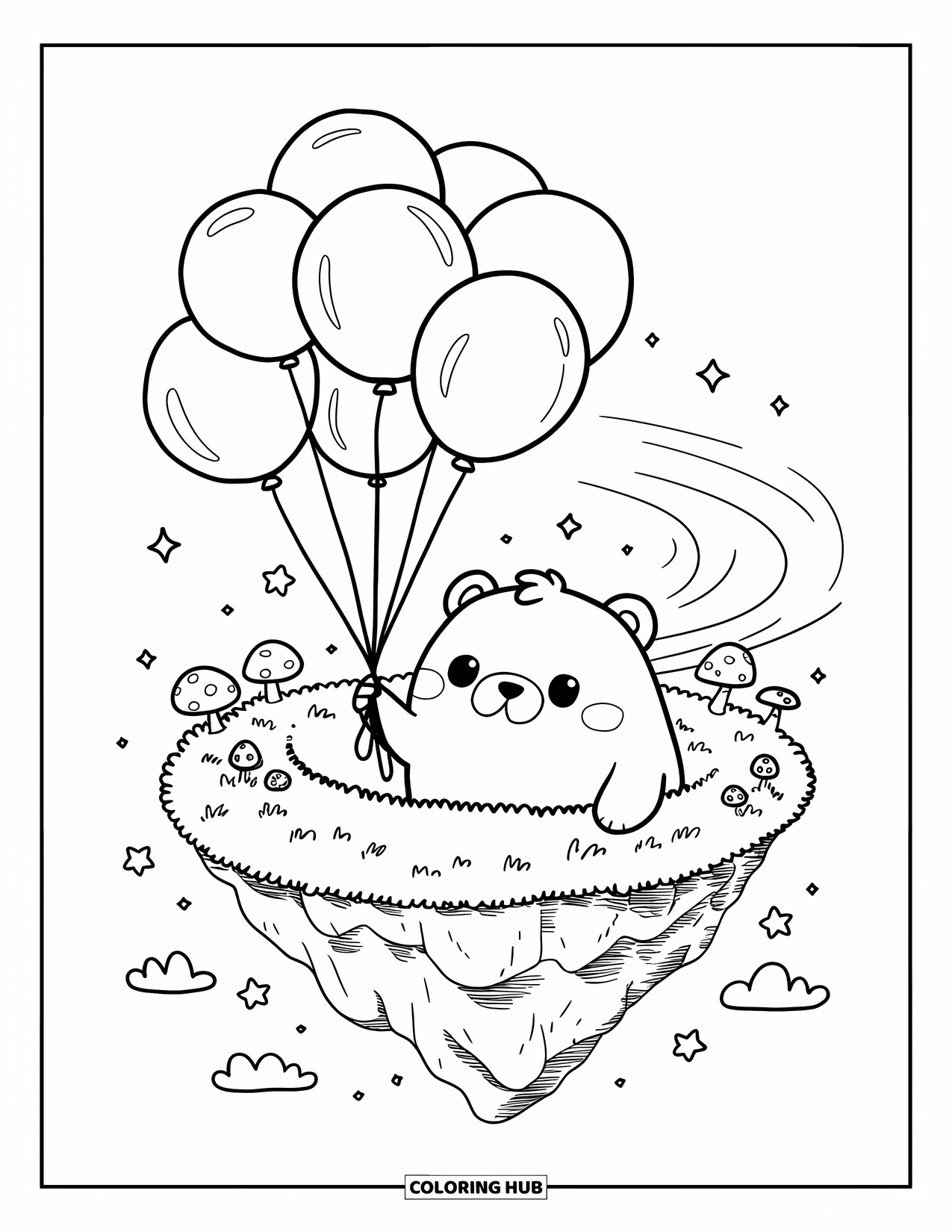 Balloon Coloring Page for Adults: A chubby bear peeks over a floating island, gripping balloons as mushrooms sway below
