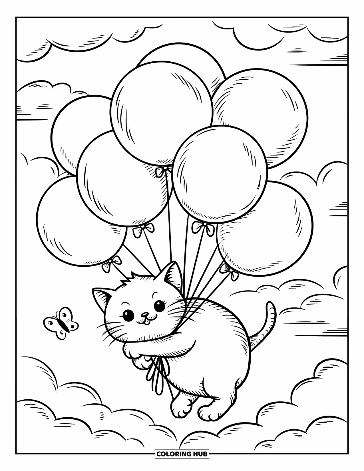 Balloon Coloring Page for Adults: A cuddly kitten soars with balloons while a tiny butterfly flutters nearby