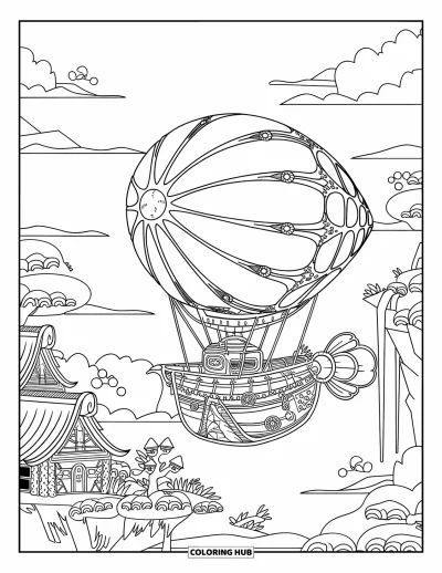 Balloon Coloring Page for Adults: A detailed airship drifting above a floating village surrounded by mountains and waterfalls
