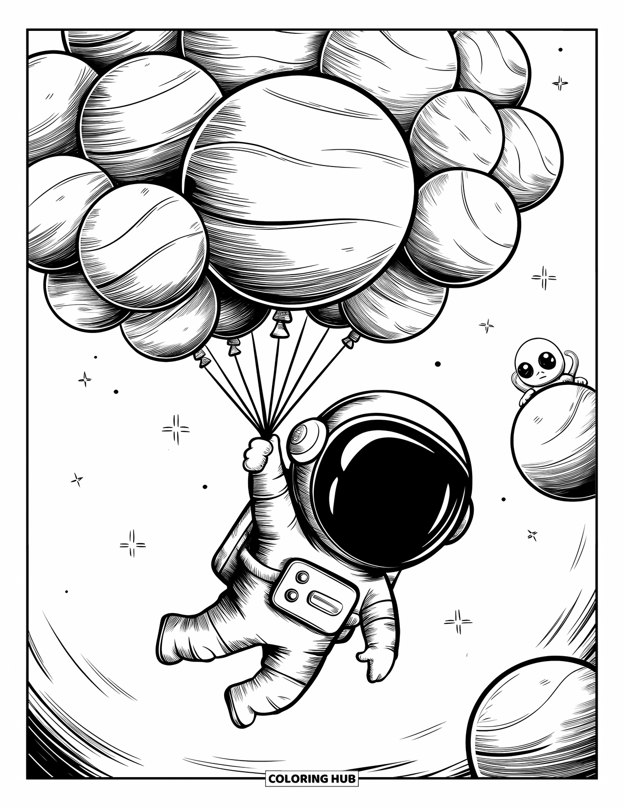Balloon Coloring Page for Adults: A floating astronaut clings to planetary balloons while an alien peeks from behind