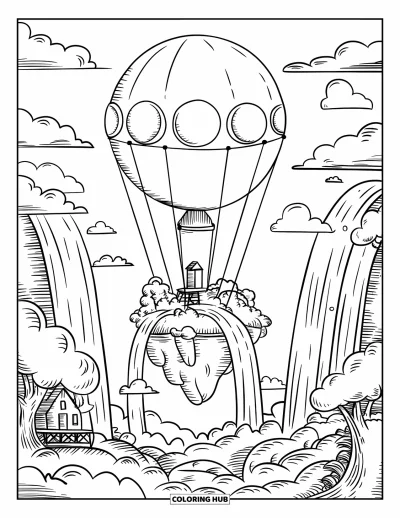 Balloon Coloring Page for Adults: A floating island with waterfalls is held aloft by a massive balloon under a dreamy sky