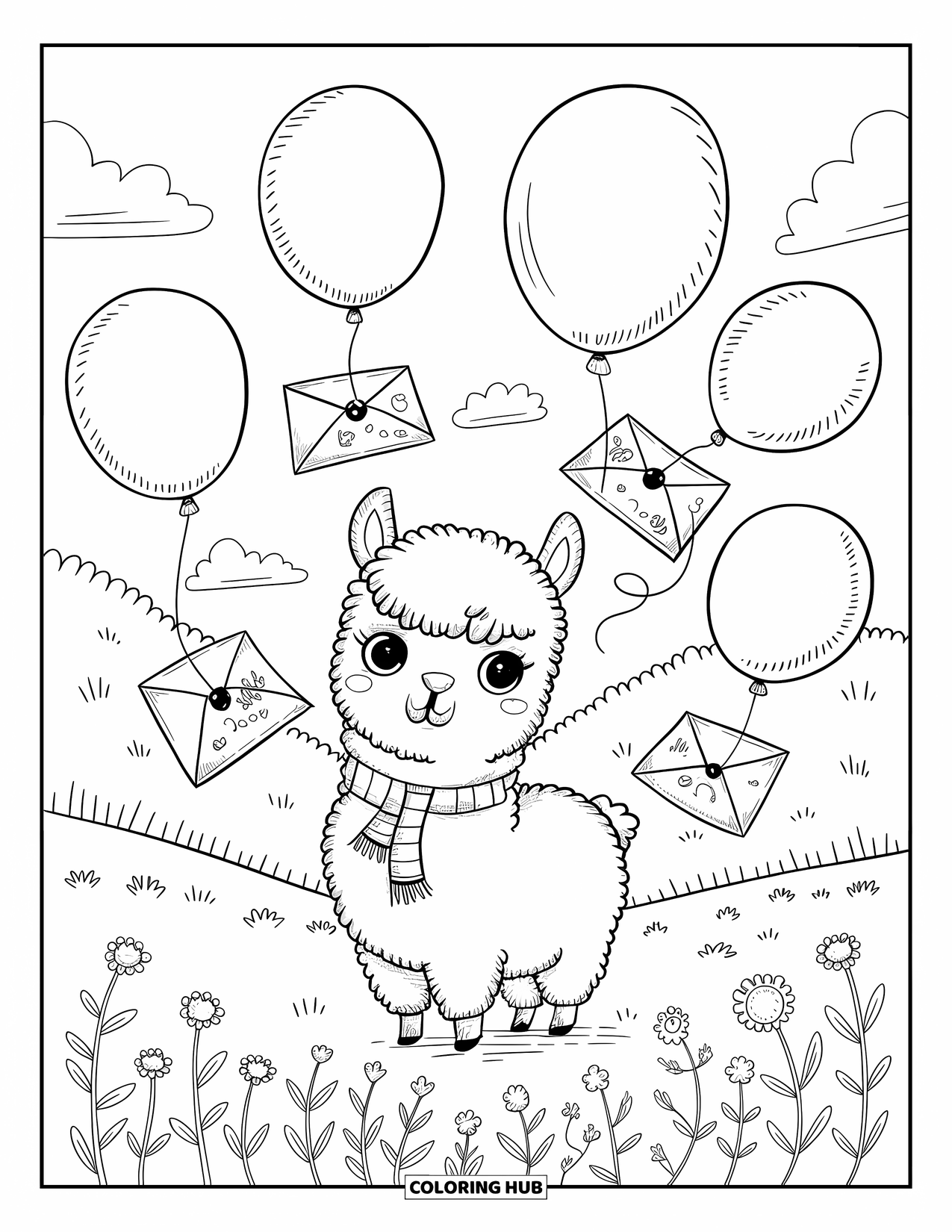Balloon Coloring Page for Adults: A fluffy alpaca in a scarf watches balloons carrying tiny letters through a peaceful meadow