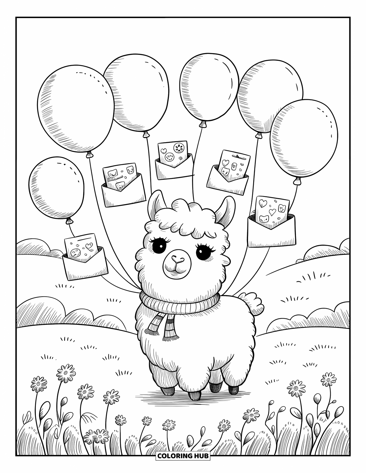 Balloon Coloring Page for Adults: A gentle alpaca stands in a field as balloons with tiny letters drift around