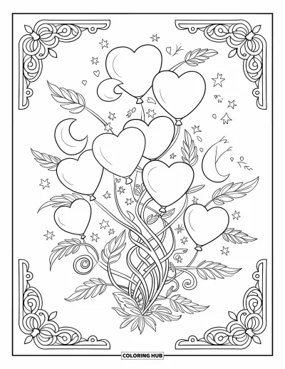 Balloon Coloring Page for Adults: A group of balloons surrounded by swirling vines with intricate leaves and borders