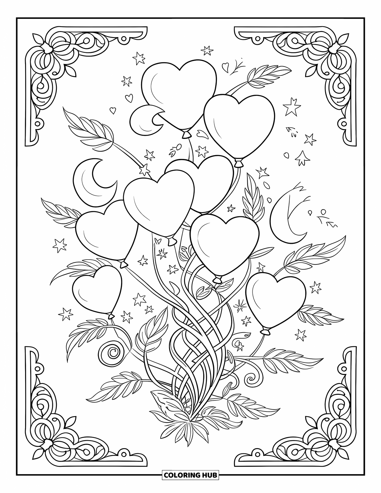 Balloon Coloring Page for Adults: A group of balloons surrounded by swirling vines with intricate leaves and borders