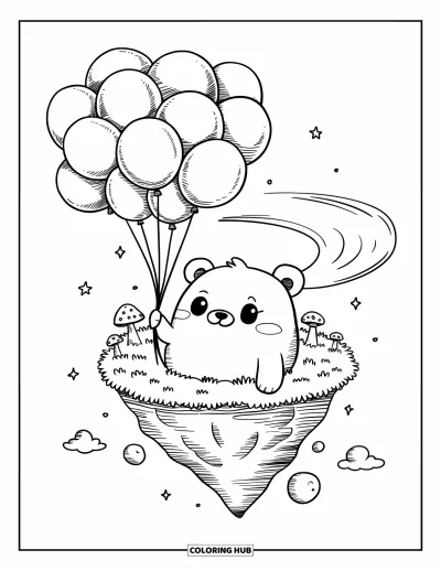 Balloon Coloring Page for Adults: A kawaii bear peeks from a balloon-lifted island, the wind swirling through its fur