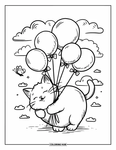 Balloon Coloring Page for Adults: A kawaii kitten hugs balloons, floating through the clouds as a butterfly dances nearby