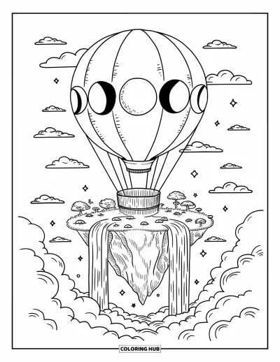 Balloon Coloring Page for Adults: A mystical island floats on a massive balloon adorned with moon phases, waterfalls cascading below