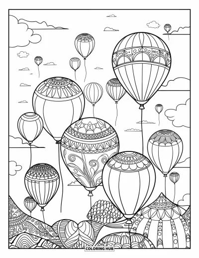 Balloon Coloring Page for Adults: A sky filled with artistic balloons of different shapes and intricate patterns