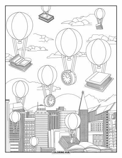 Balloon Coloring Page for Adults: A surreal scene of floating balloons carrying objects over a city skyline