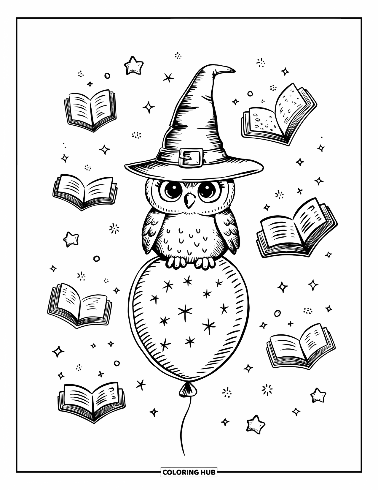 Balloon Coloring Page for Adults: A tiny wizard owl sits on a floating balloon, surrounded by stars and magical books