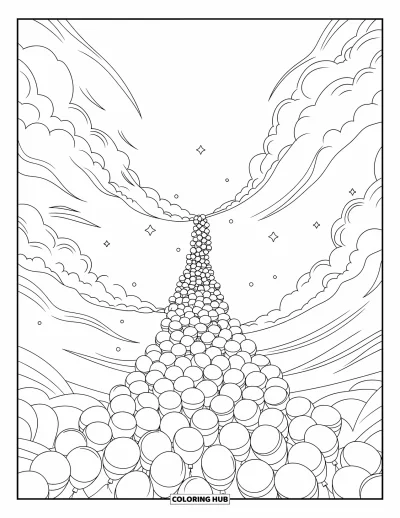 Balloon Coloring Page for Adults: A waterfall of balloons cascading from the sky, surrounded by swirling clouds