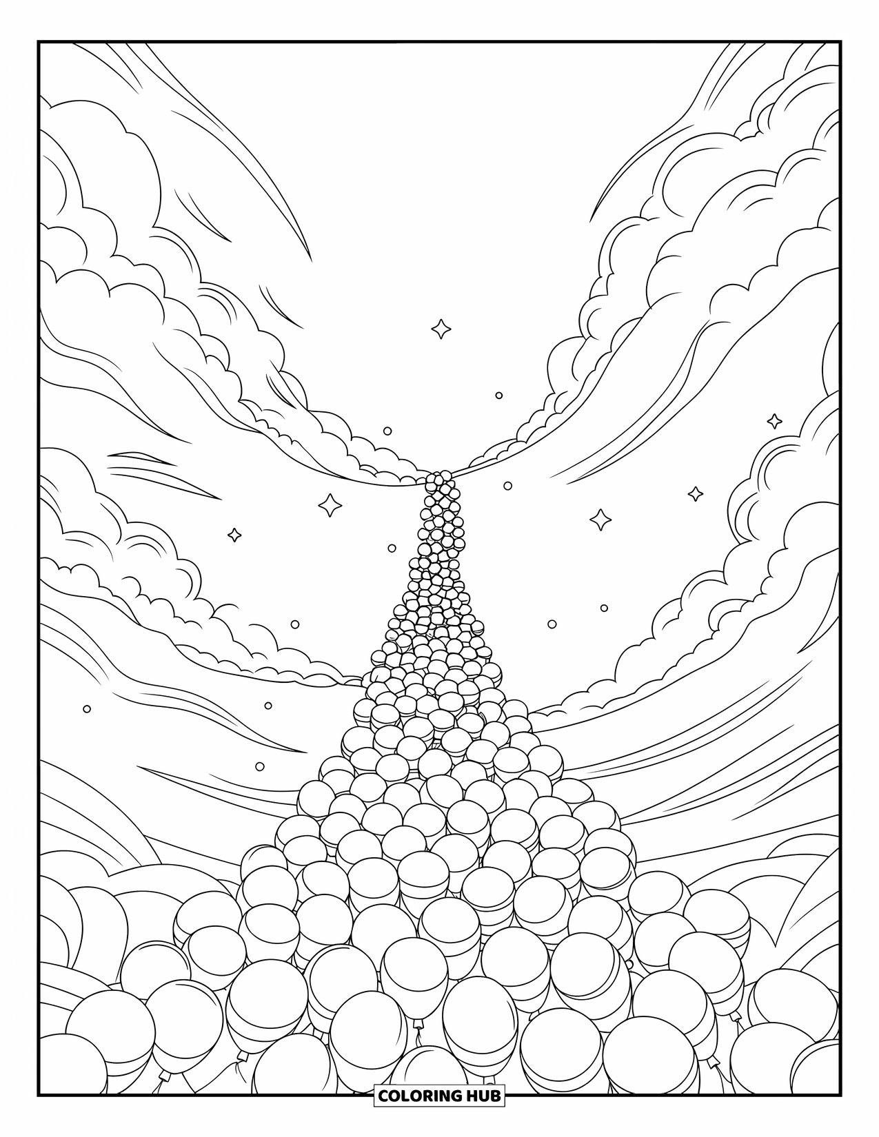 Balloon Coloring Page for Adults: A waterfall of balloons cascading from the sky, surrounded by swirling clouds