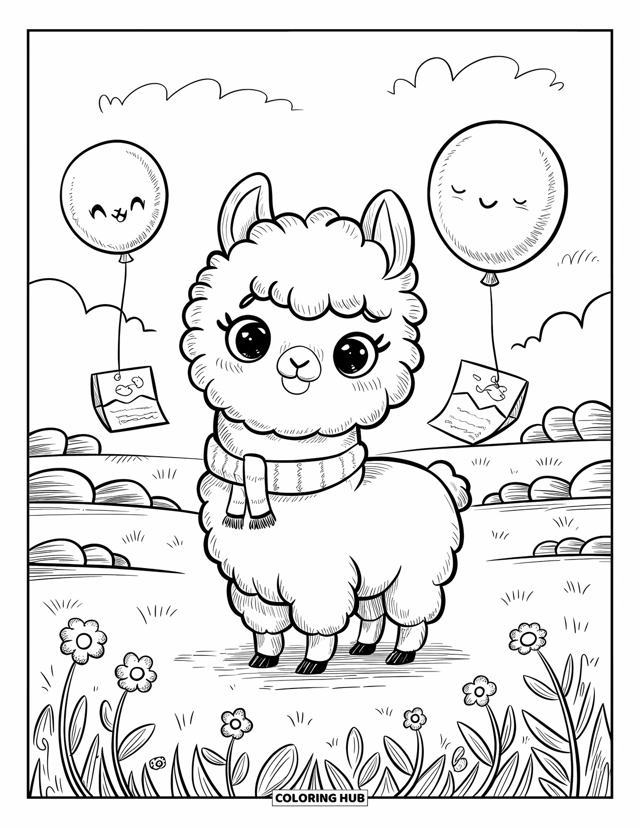 Balloon Coloring Page for Adults: An alpaca in a meadow gazes at floating balloons, each carrying a tiny note