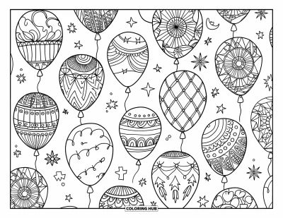 Balloon Coloring Page for Adults: Floating balloons with intricate hand-drawn patterns, surrounded by artistic details