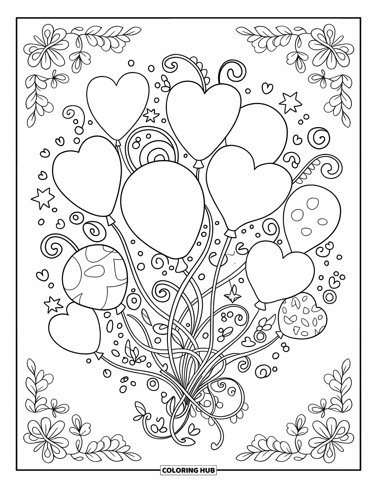 Balloon Coloring Page for Adults: Intertwined vines wrap around floating balloons of various shapes and patterns
