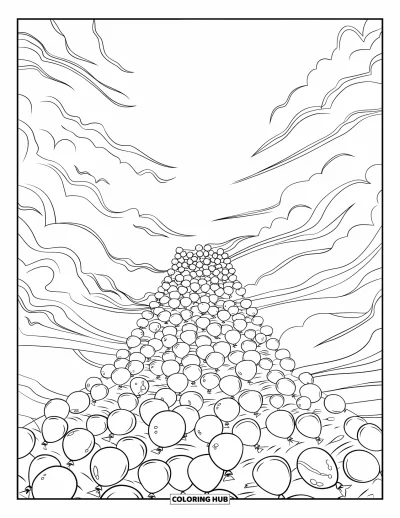 Balloon Coloring Page for Adults: Various shaped balloons cascading like a waterfall, surrounded by clouds and wind