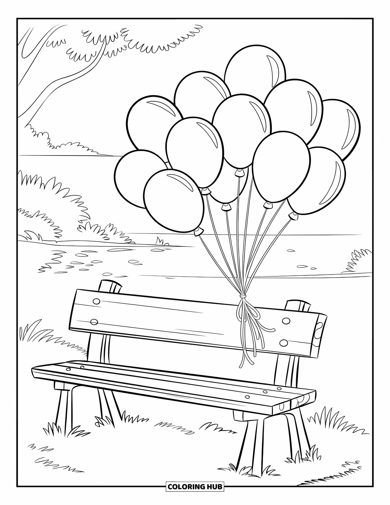Balloon Coloring Page for Kids: A bench by the water with balloons floating gently in the breeze