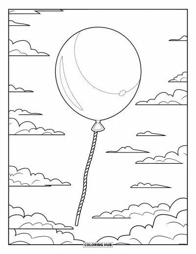 Balloon Coloring Page for Kids: A big balloon tied to a stick floats high in a sky filled with fluffy clouds